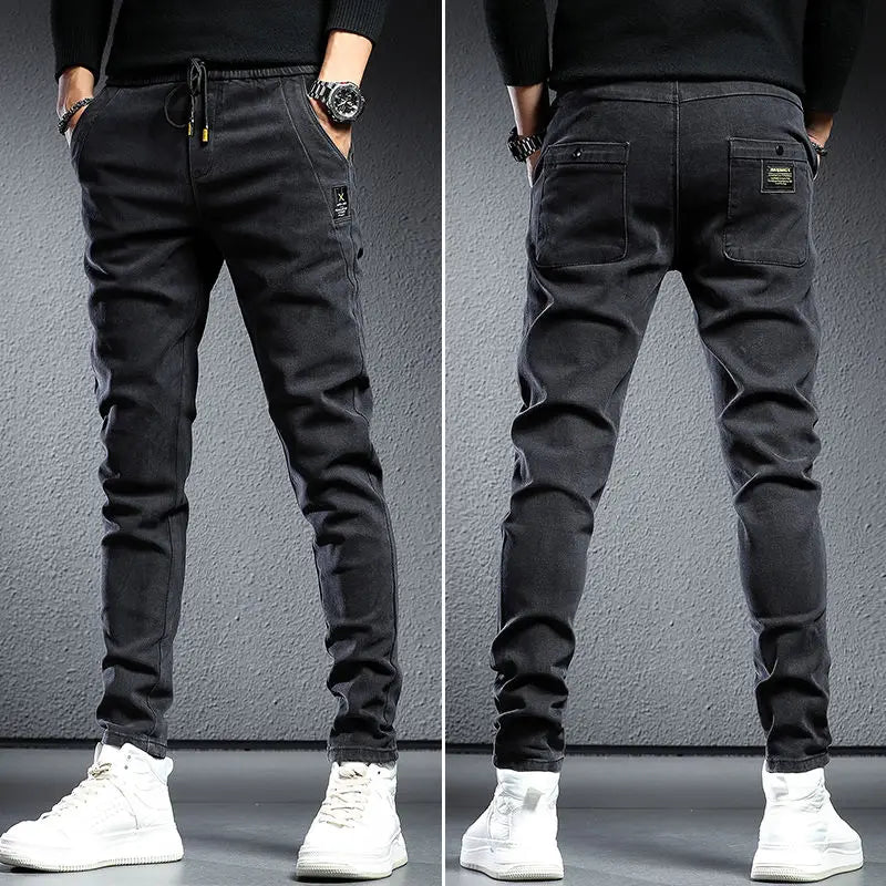 Autumn winter 2022 elastic waist thicken fleece jeans for men Slim fit small feet Korean fashion casual pants for men Long pants